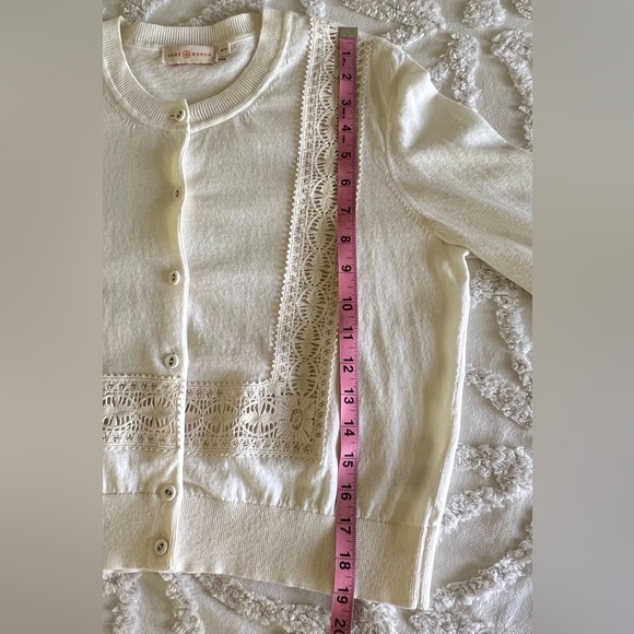 TORY BURCH White Fitted Sweater Cardigan with Crochet Detail - Picture 13 of 15